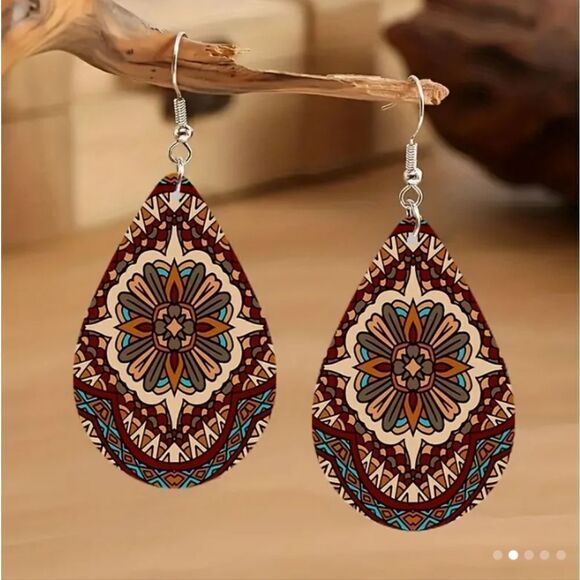 Earrings mandala wooden Bohemian new e42 - Picture 1 of 2